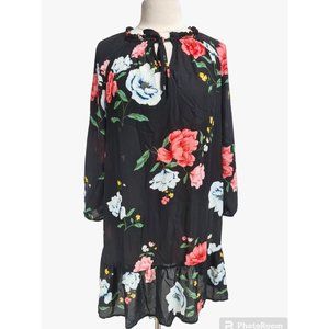 OLD NAVY Women Sz M Black Floral Ruffle Mini Dress Tie Crew Neck No Camisole 26P